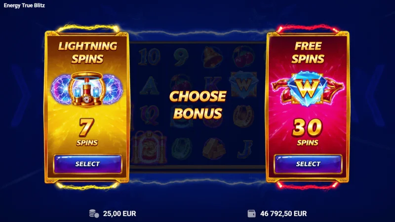 Energy True Blitz - избор на опция Lightning Spins